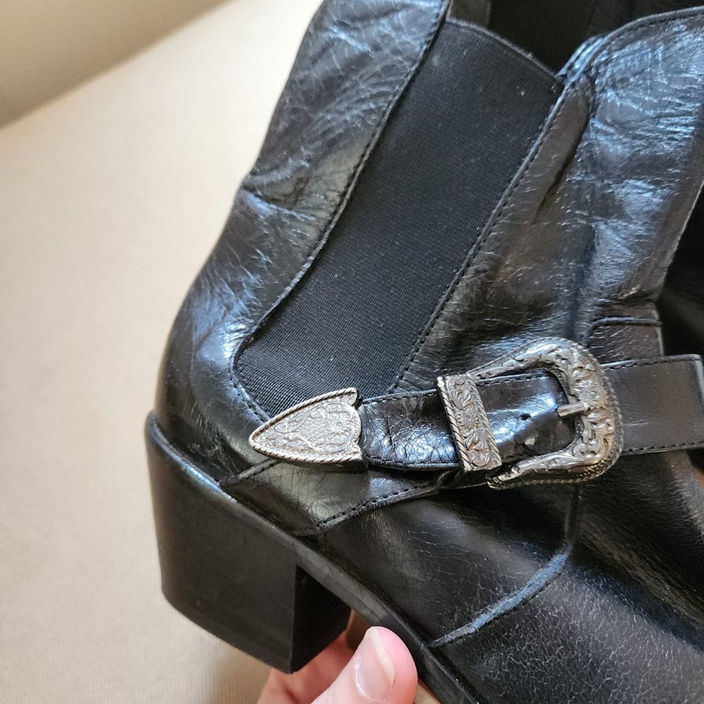 ZARA Black Leather Ankle Western Buckle Stacked Heel Boots - Picture 2 of 6